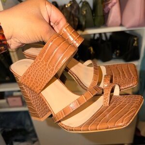 Brown Croc-Embossed Block Heel Sandals - Women